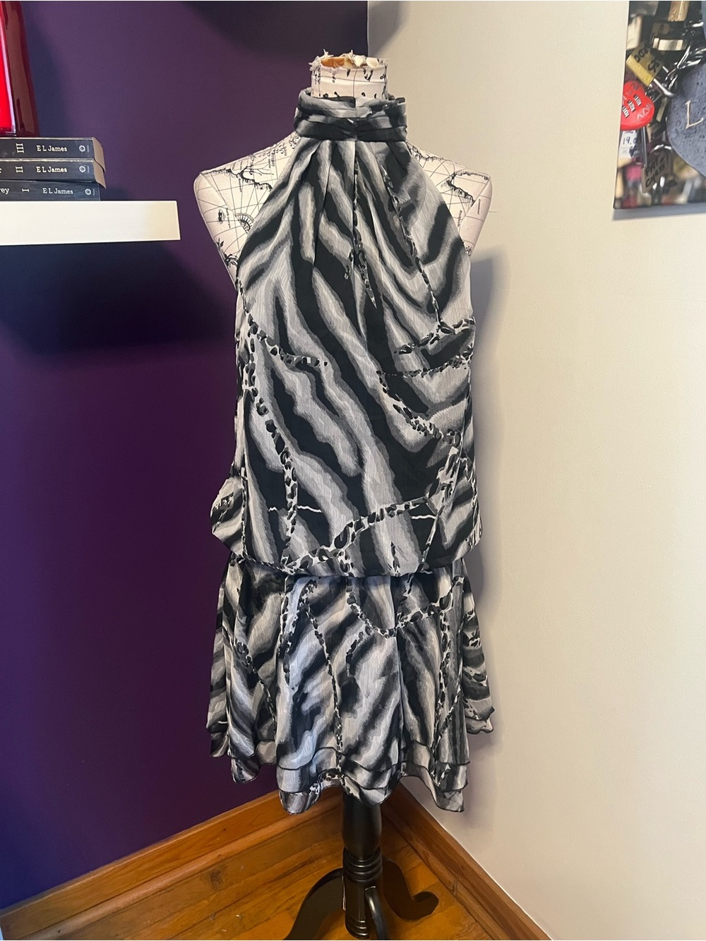 VENUS Black & White Tiered Halter Dress